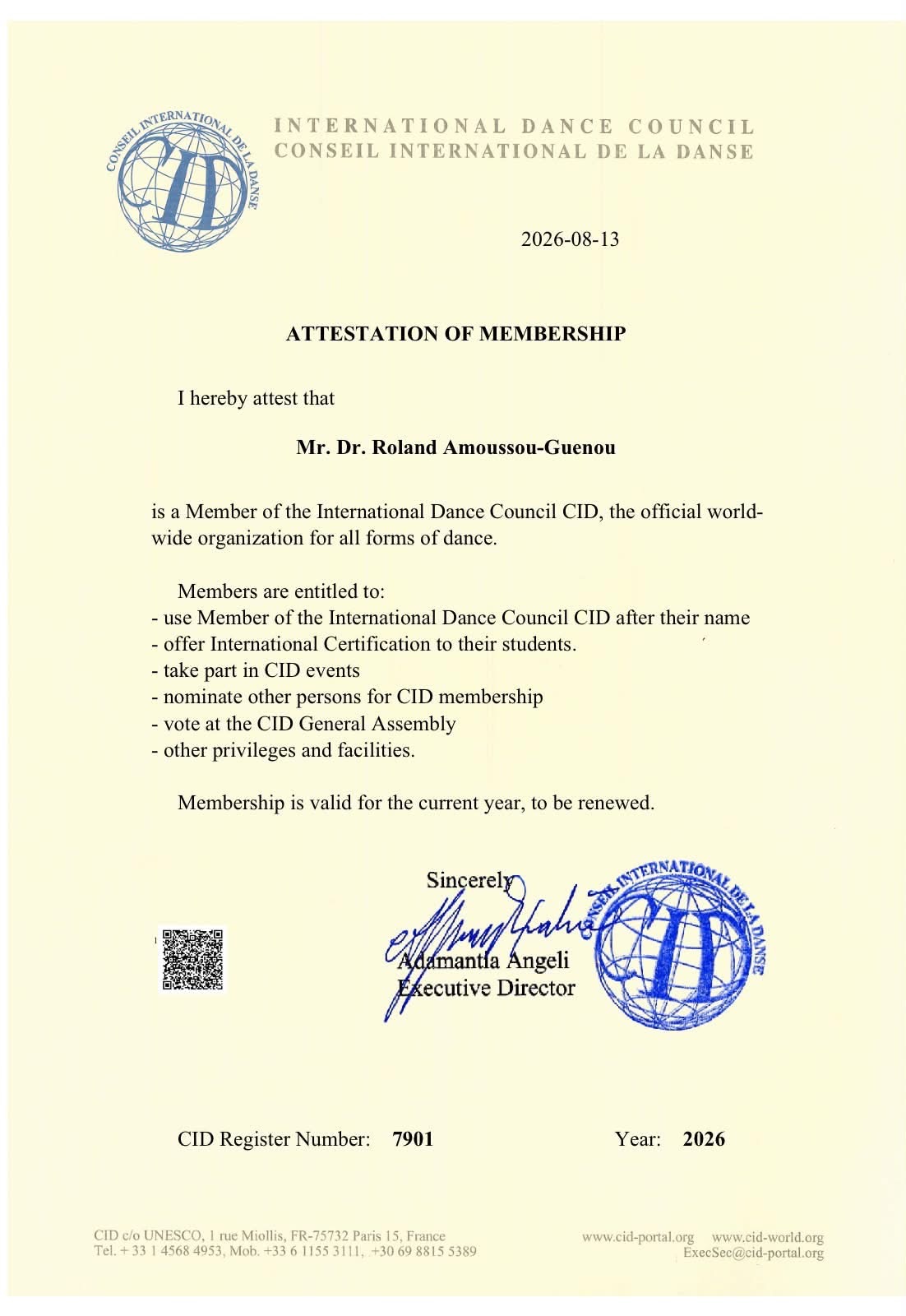 2026 CID membership attestation for Dr. Roland Amoussou-Guenou.